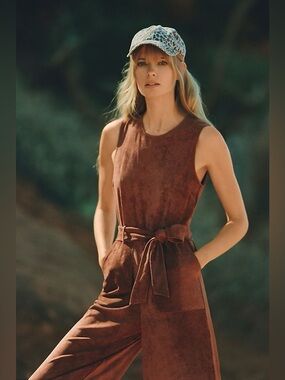 Anthropologie Faux Suede Crop Jumpsuit Waist Tie Pockets Chestnut Brown Medium